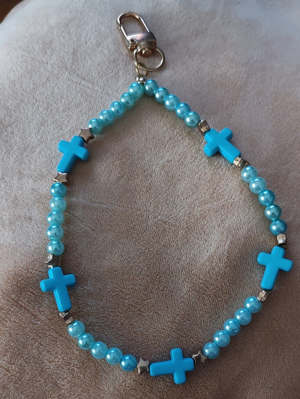 Keychain Blue With Gold Tone Featuring Cross Accents